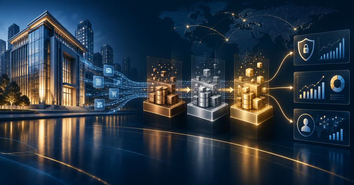 Banking data flowing through Bronze, Silver, and Gold layers into secure analytics