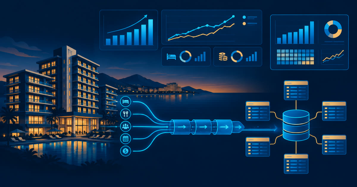 Hotel booking data flowing through ETL pipelines into a data warehouse and revenue analytics dashboards